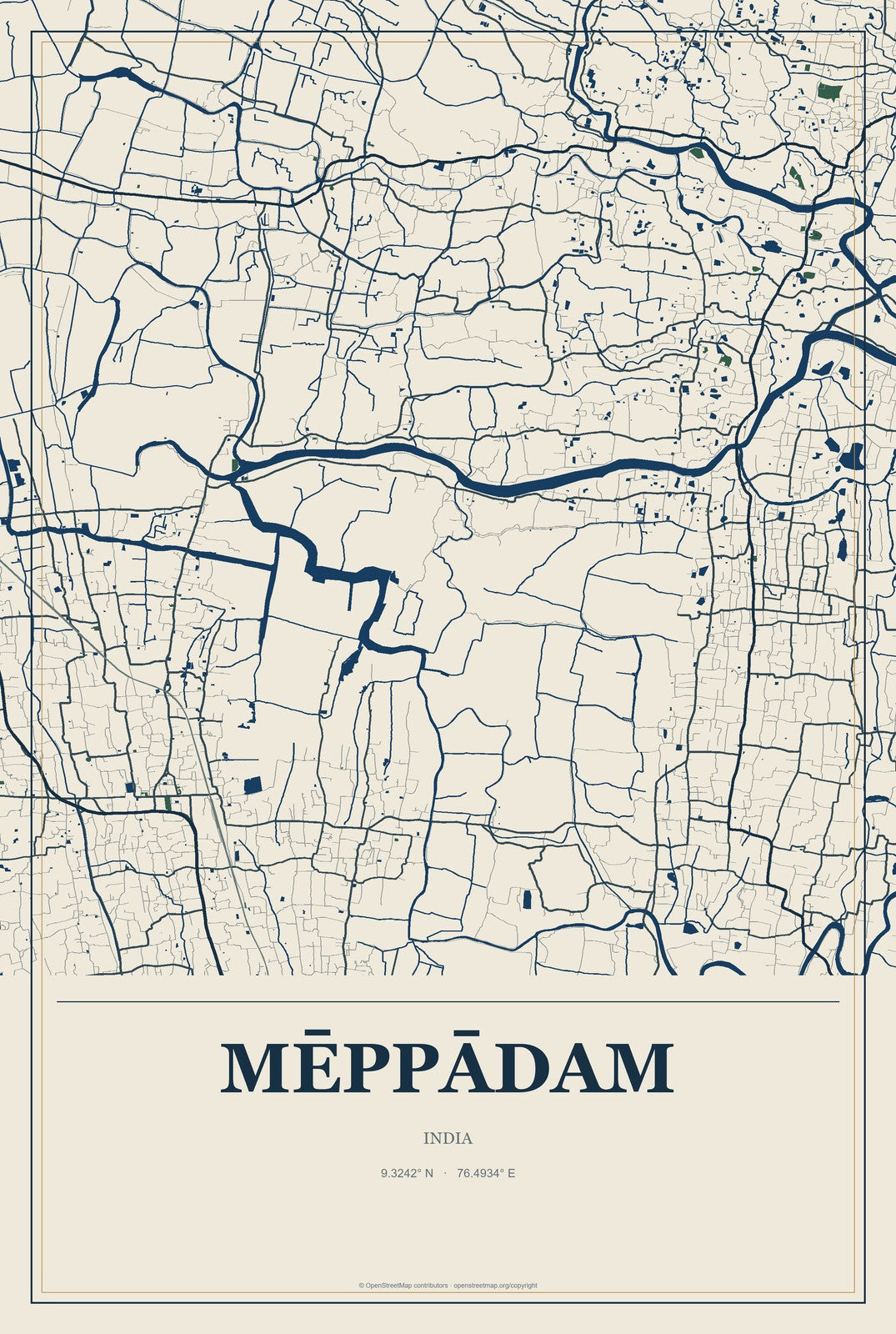 Mēppādam, India City Map Aluminum Sign in Coastal Cutout style