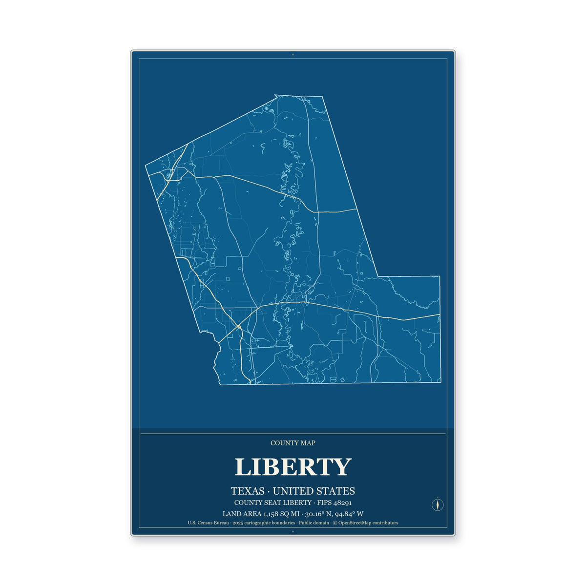 Liberty County, Texas Map Aluminum Sign in Harbor Cobalt style