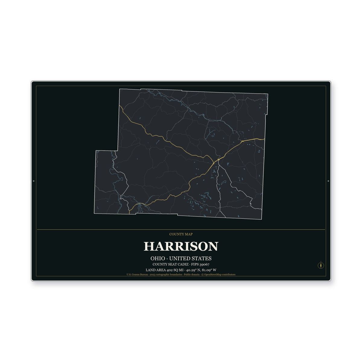 Harrison County, Ohio Map Aluminum Sign in Metropolitan Noir style
