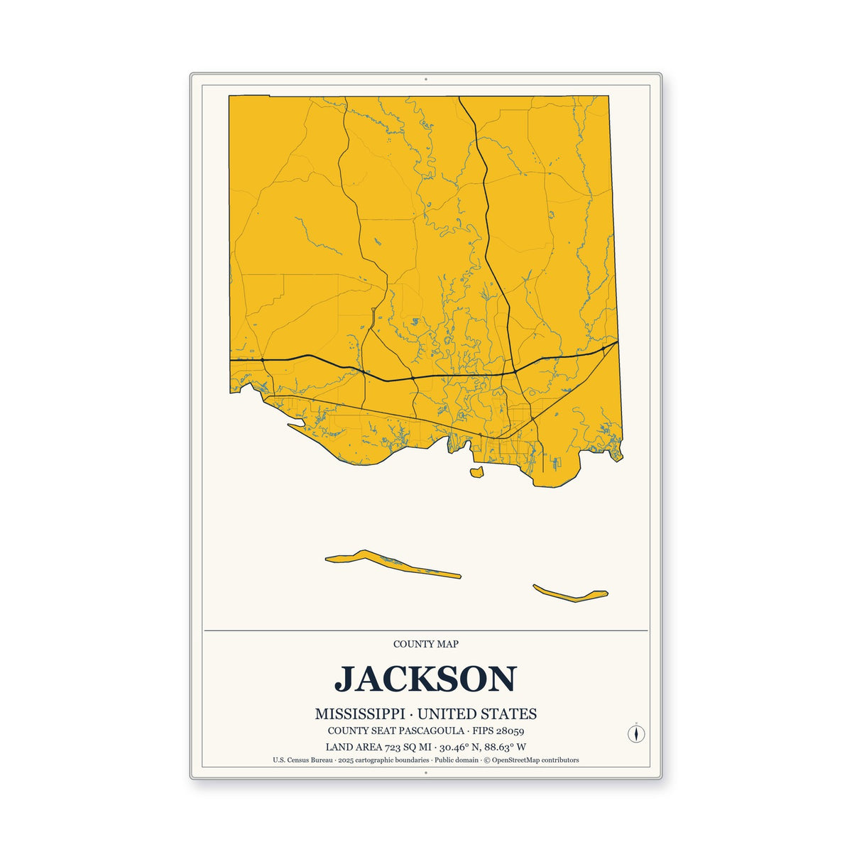 Jackson County, Mississippi Map Aluminum Sign in Citrine Modern style