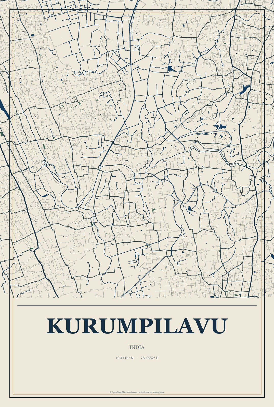 Kurumpilavu, India City Map Aluminum Sign in Coastal Cutout style