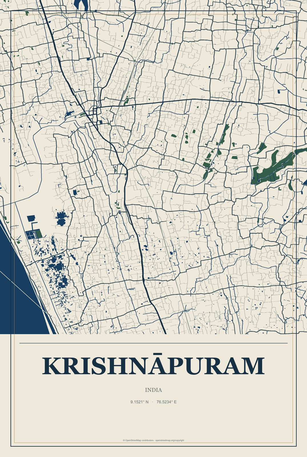 Krishnāpuram, India City Map Aluminum Sign in Coastal Cutout style