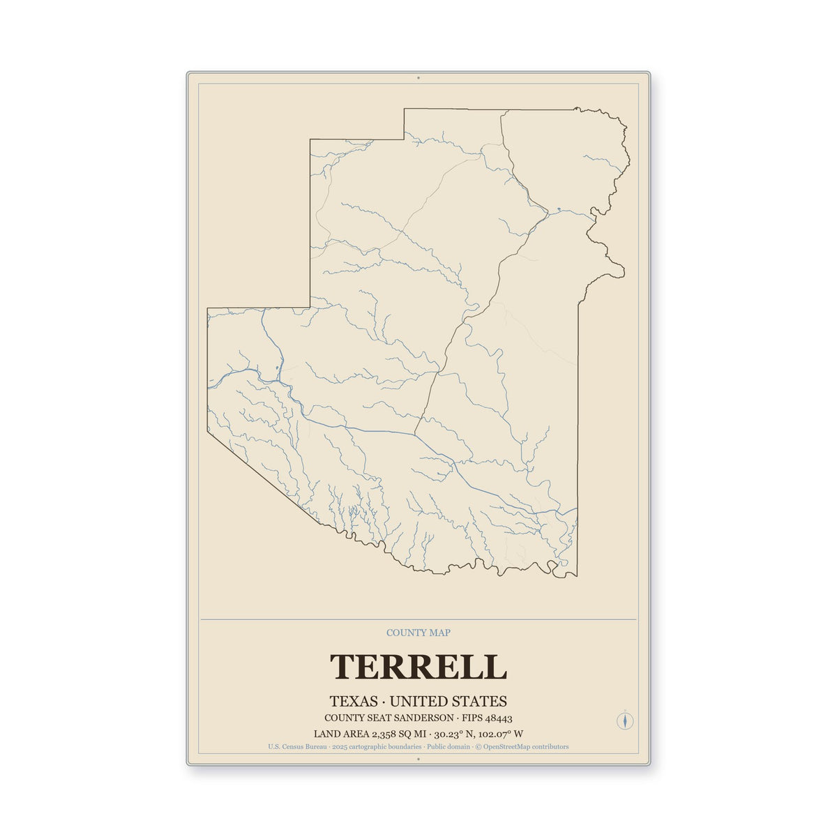 Terrell County, Texas Map Aluminum Sign in Heritage Nautical style