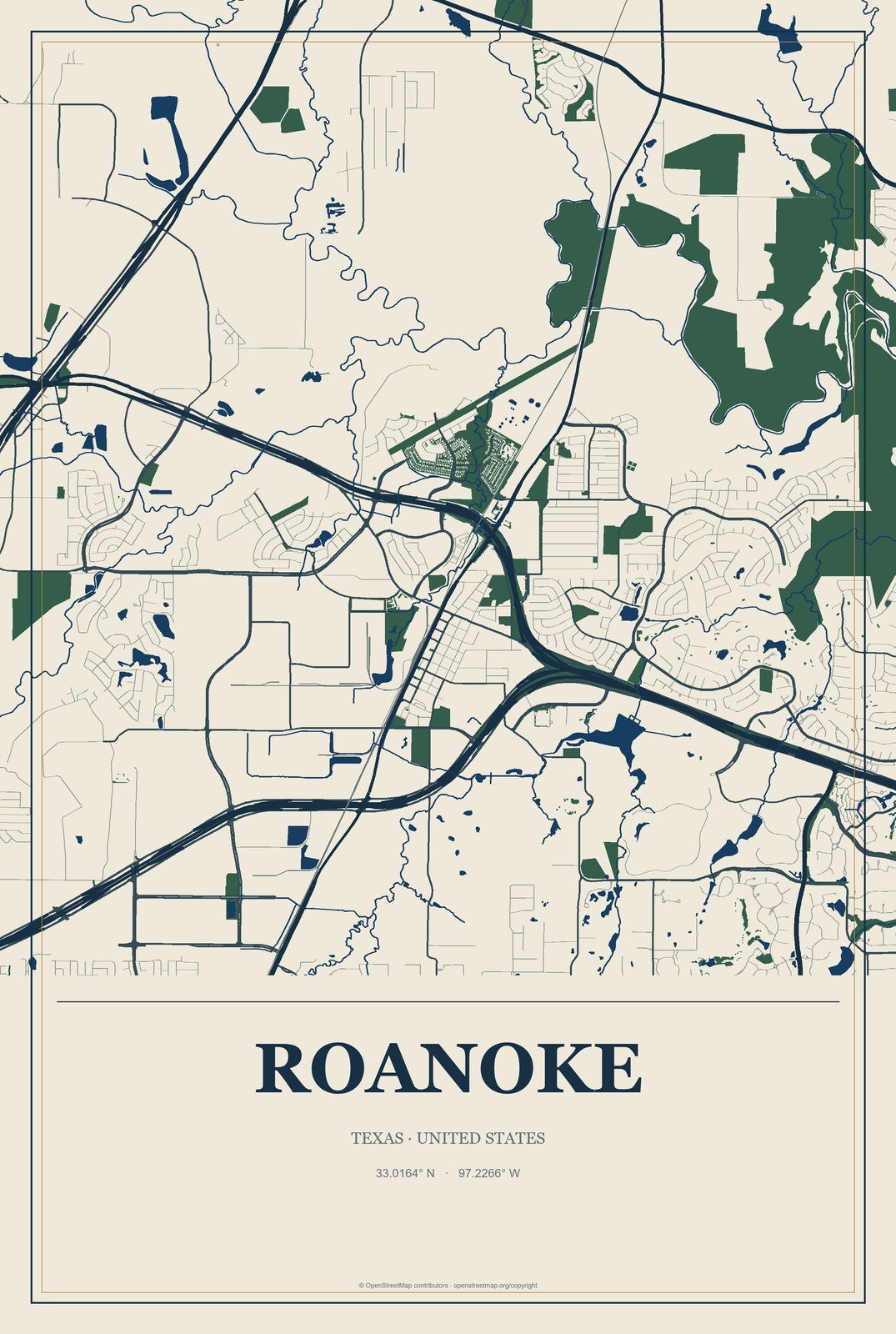 Roanoke, Texas City Map Aluminum Sign in Coastal Cutout style