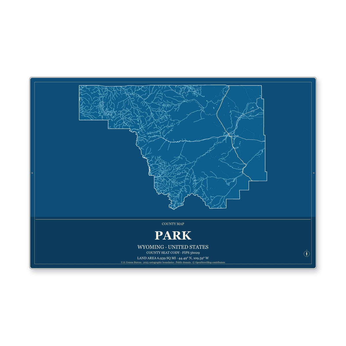 Park County, Wyoming Map Aluminum Sign in Harbor Cobalt style