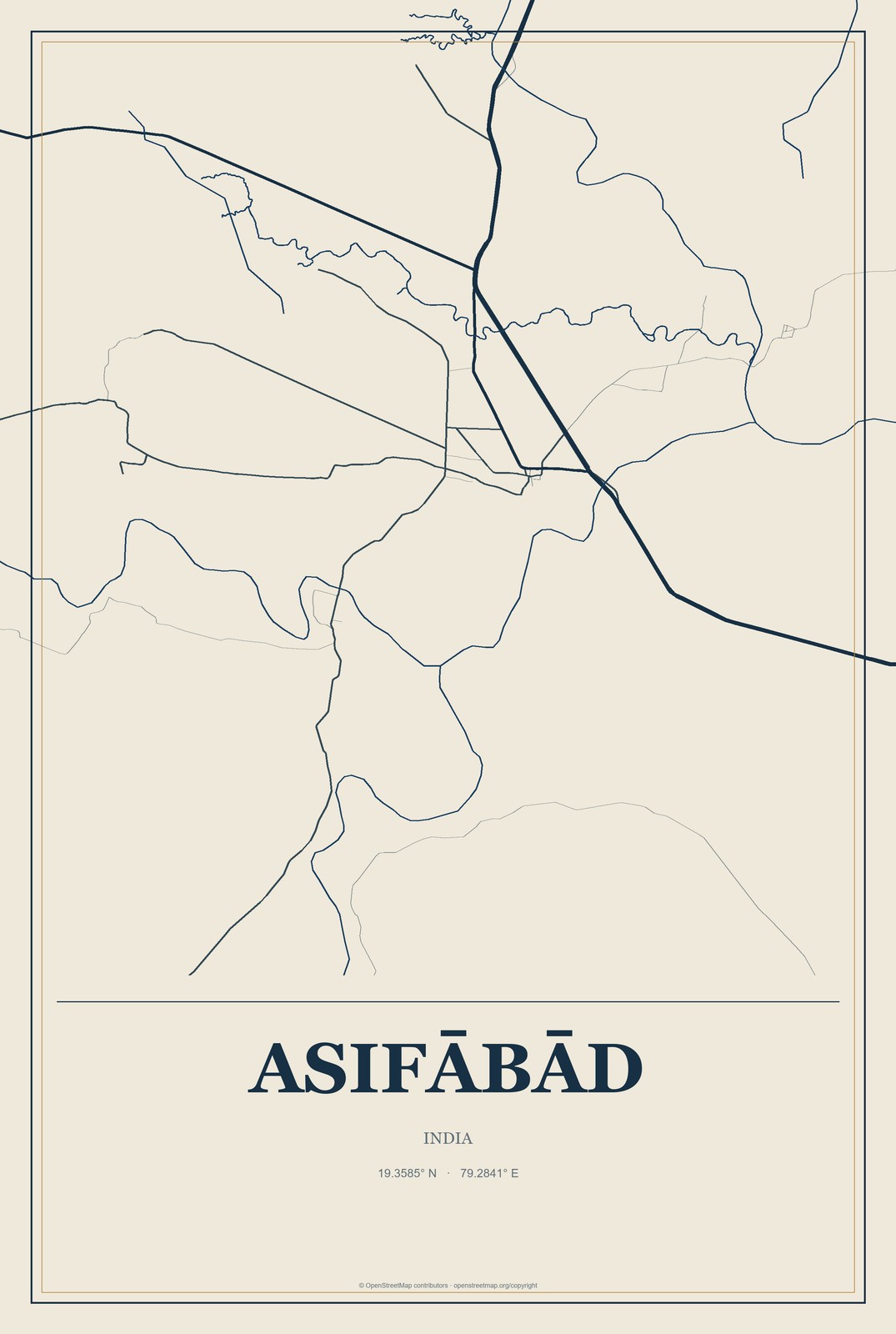 Asifābād, India City Map Aluminum Sign in Coastal Cutout style