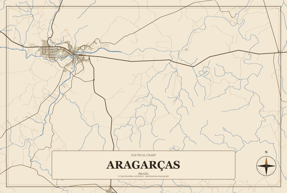 Aragarças, Brazil City Map Aluminum Sign in Heritage Nautical style