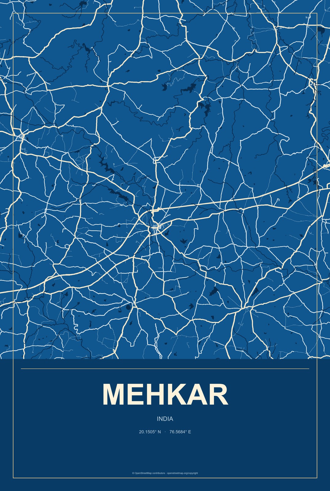 Mehkar, India City Map Aluminum Sign in Harbor Cobalt style