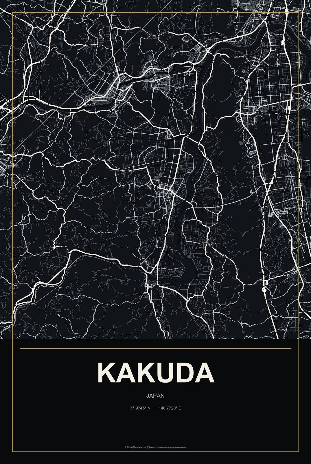 Kakuda, Japan City Map Aluminum Sign in Metropolitan Noir style