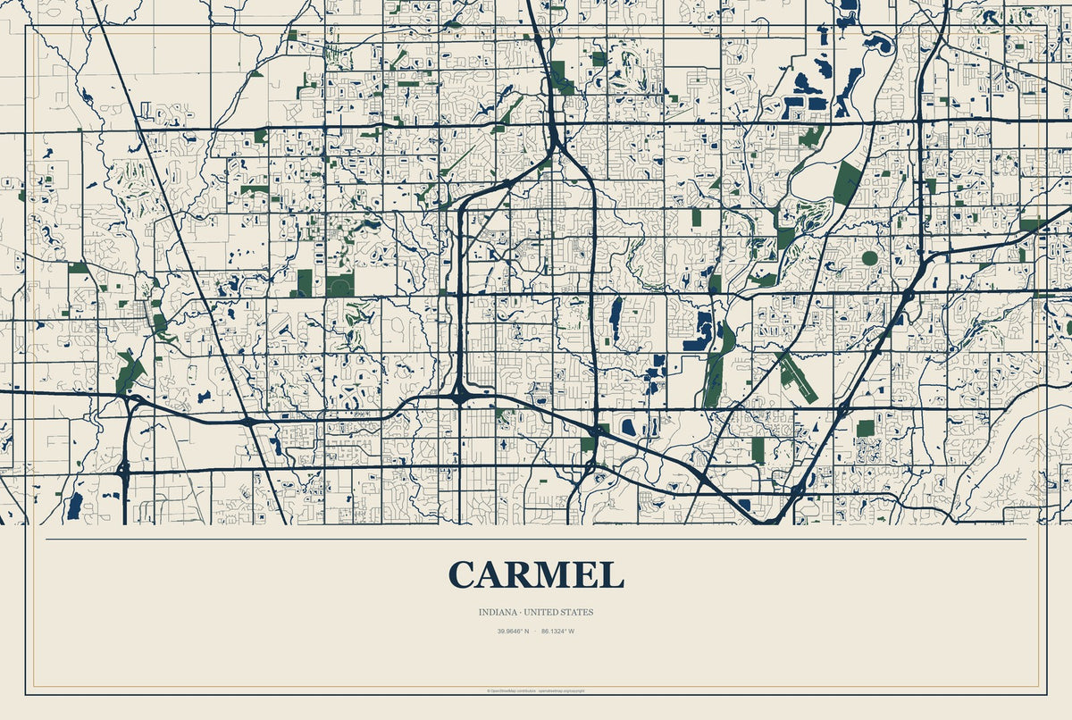 Carmel, Indiana City Map Aluminum Sign in Coastal Cutout style