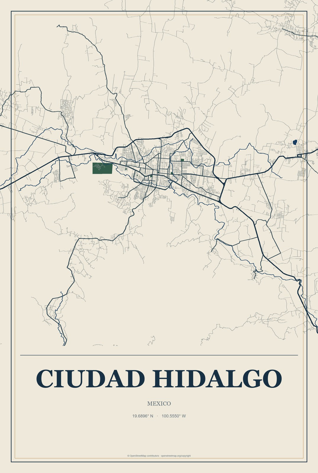 Ciudad Hidalgo, Chiapas, Mexico City Map Aluminum Sign in Coastal Cutout style