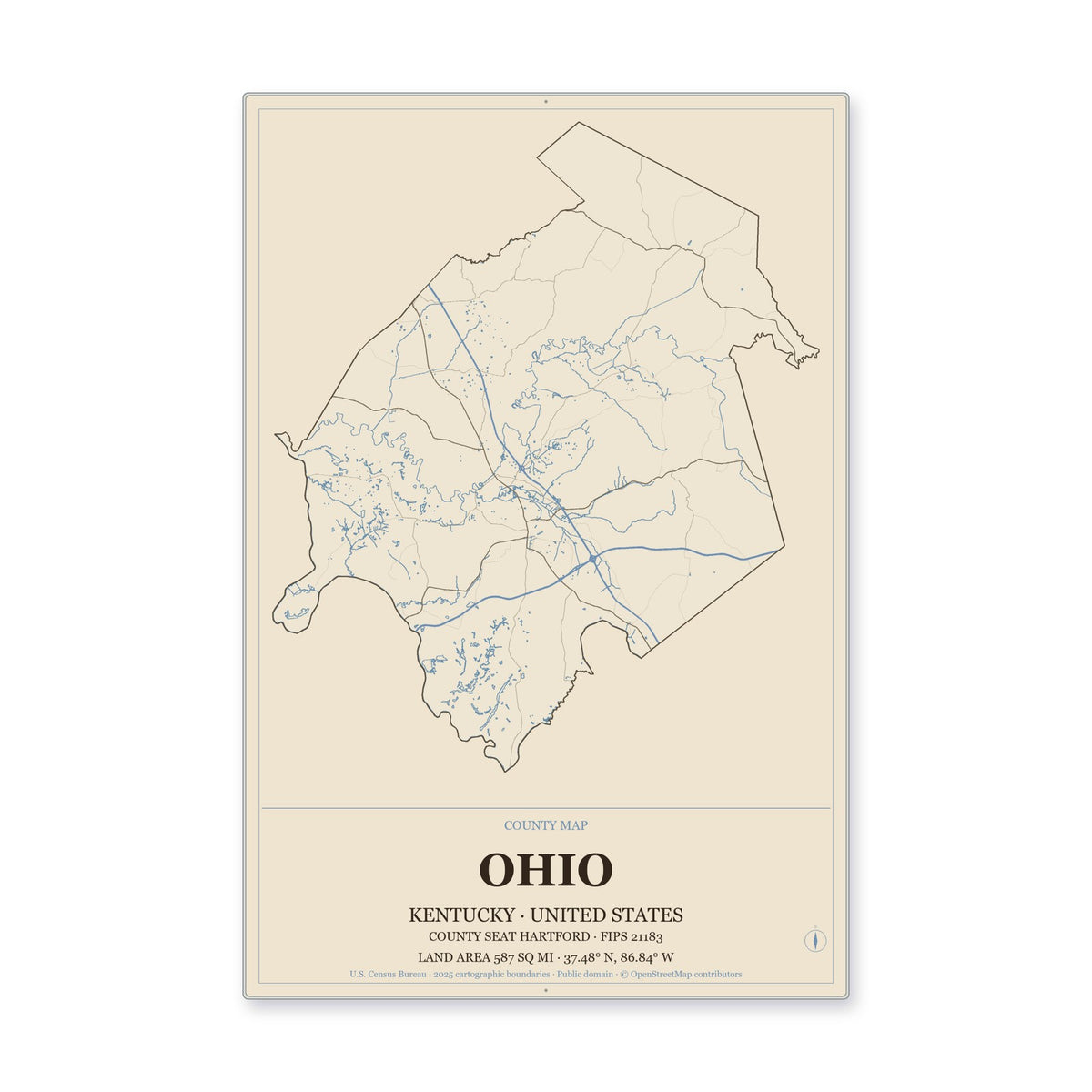 Ohio County, Kentucky Map Aluminum Sign in Heritage Nautical style
