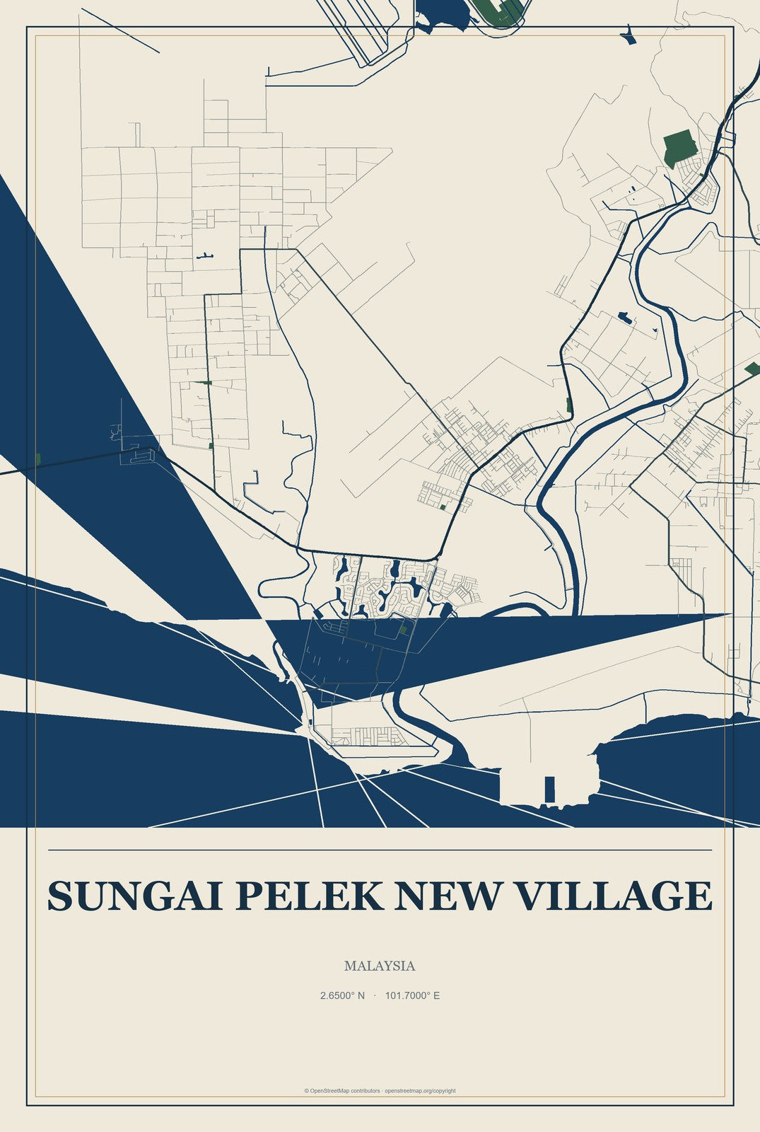Sungai Pelek New Village, Malaysia City Map Aluminum Sign in Coastal Cutout style