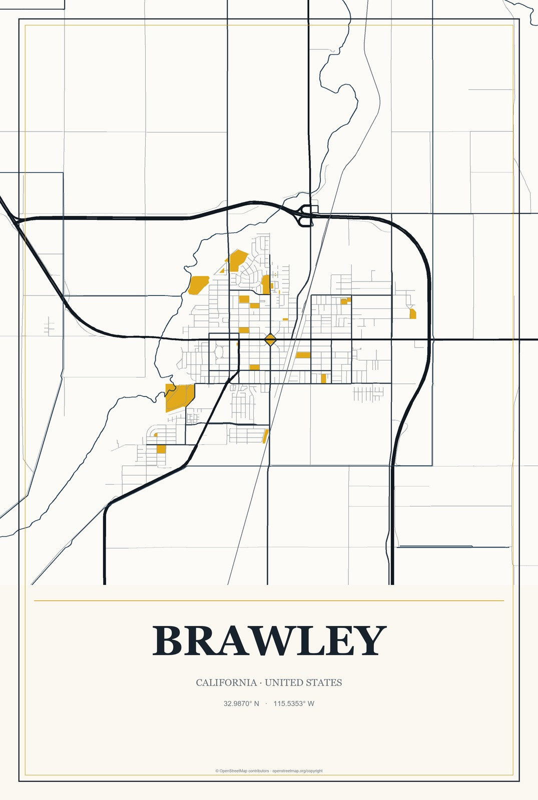 Brawley, California City Map Aluminum Sign in Citrine Modern style