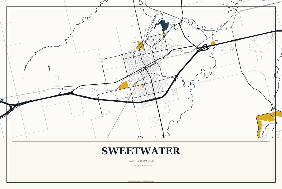 Sweetwater, Texas City Map Aluminum Sign in Citrine Modern style
