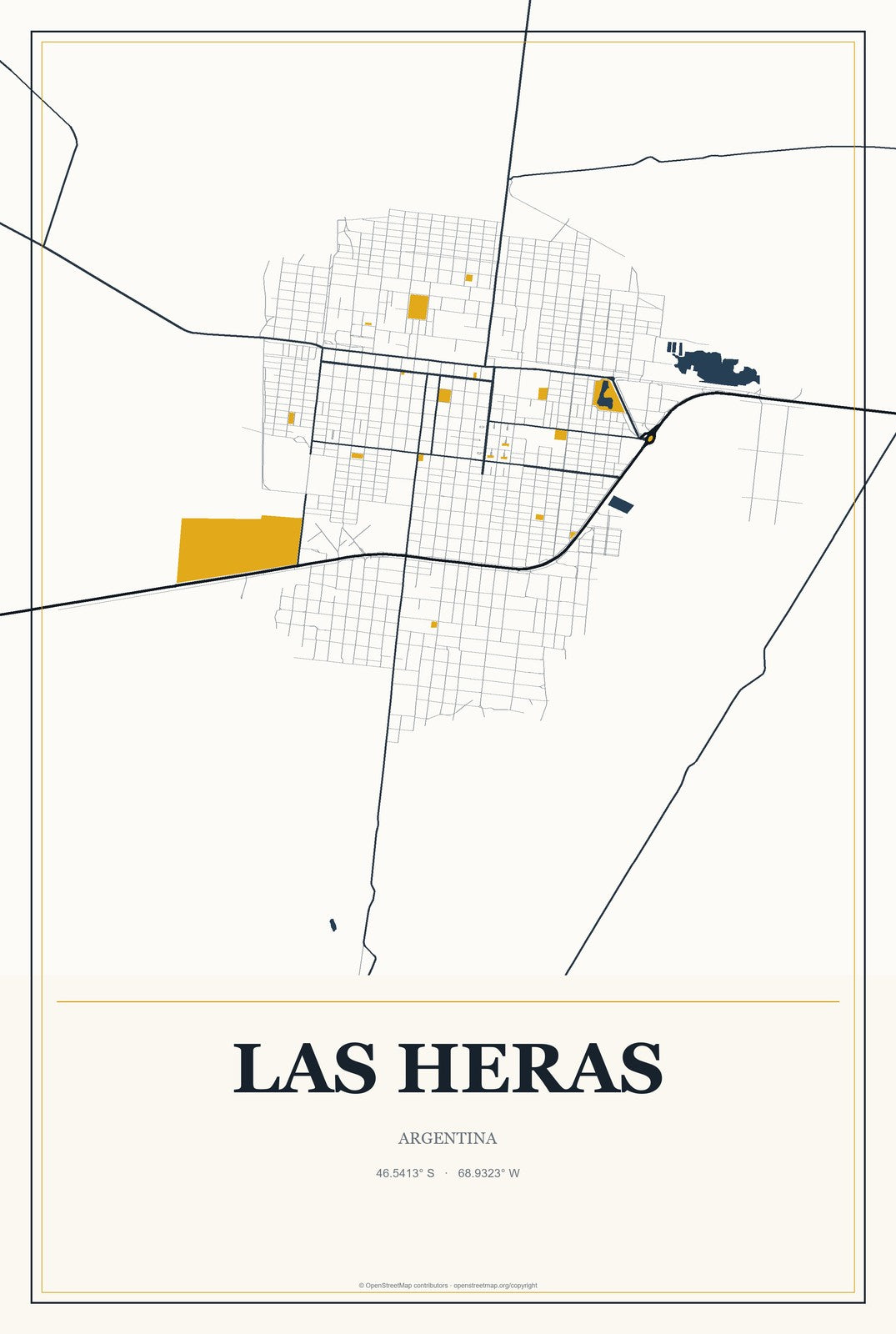 Las Heras, Argentina City Map Aluminum Sign in Citrine Modern style