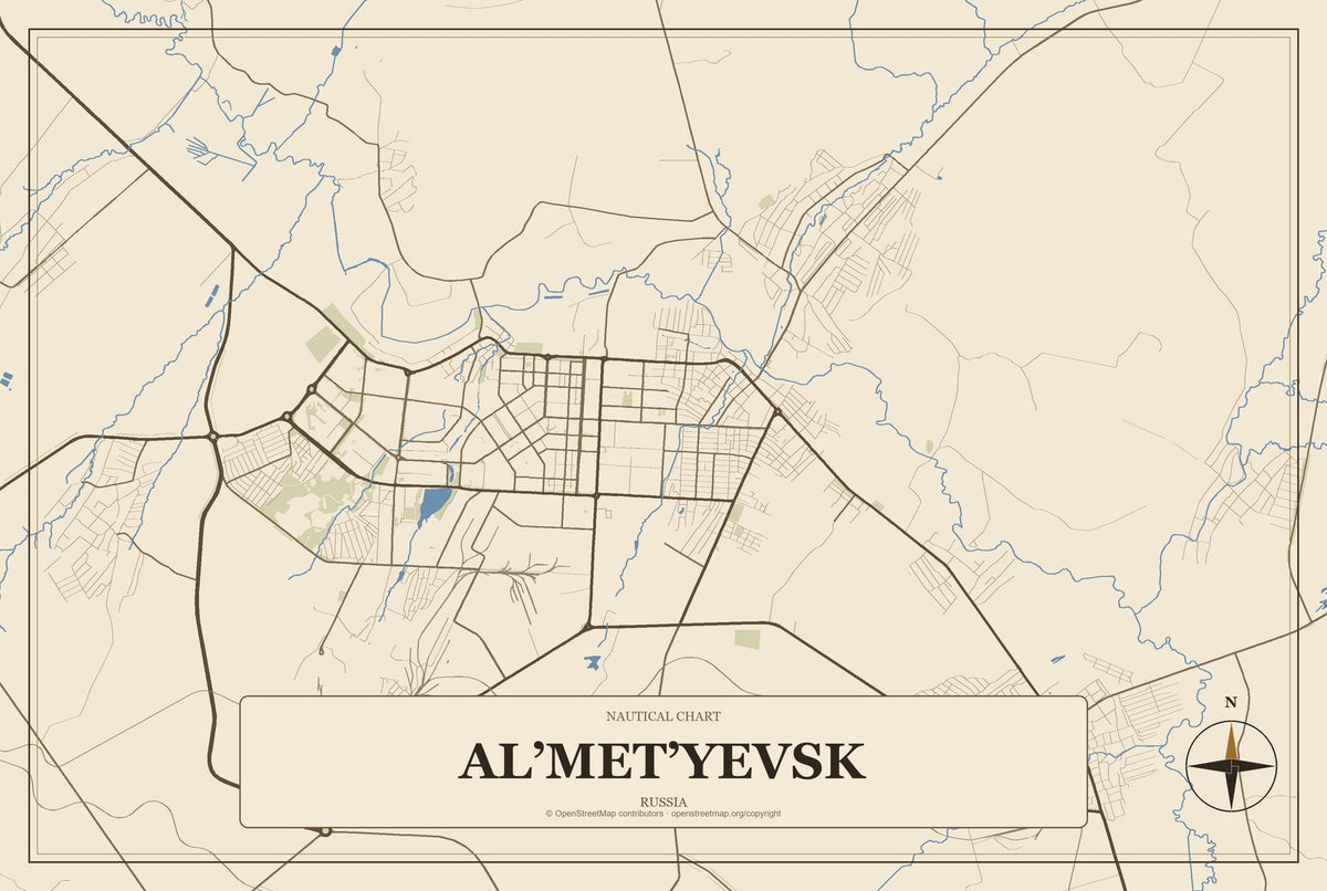 Al’met’yevsk, Russia City Map Aluminum Sign in Heritage Nautical style