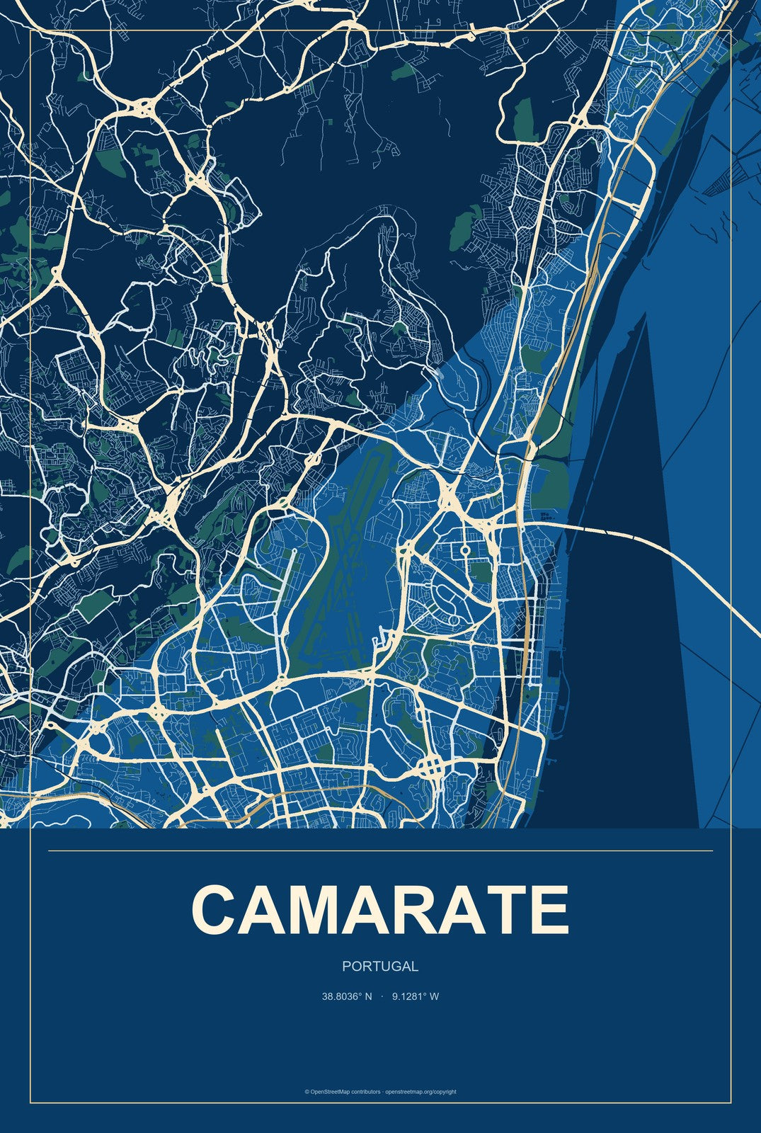 Camarate, Portugal City Map Aluminum Sign in Harbor Cobalt style