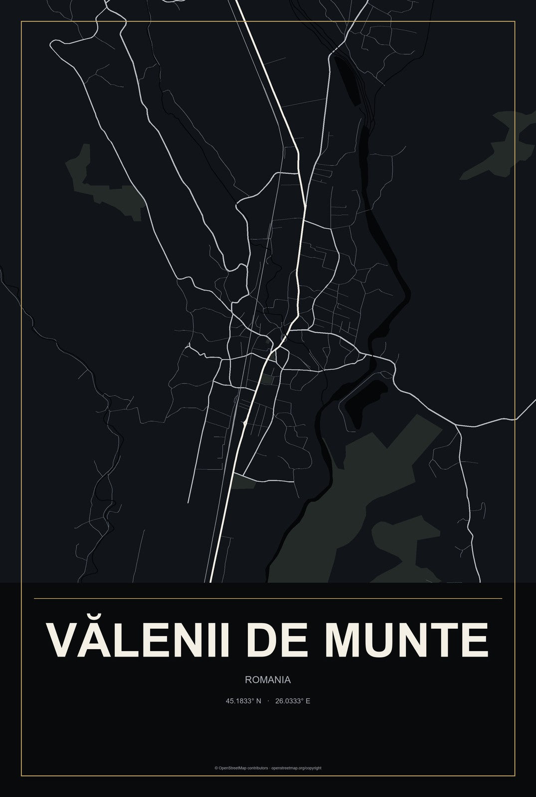 Vălenii de Munte, Romania City Map Aluminum Sign in Metropolitan Noir style