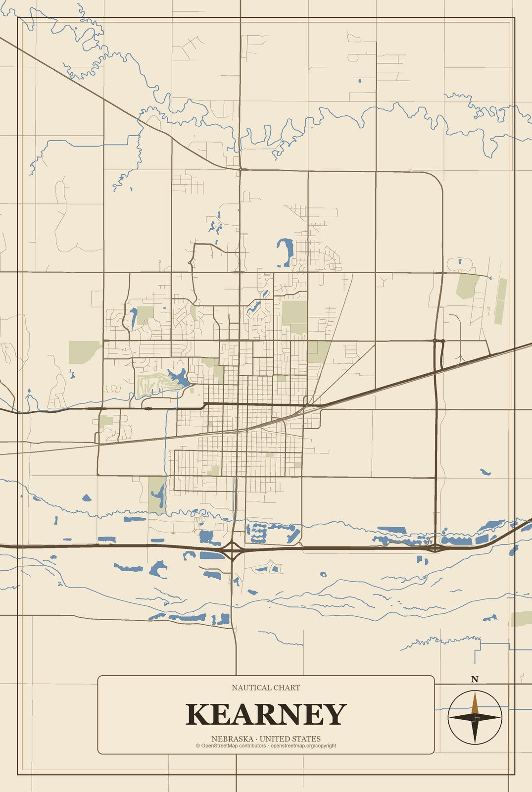 Kearney, Nebraska City Map Aluminum Sign in Heritage Nautical style