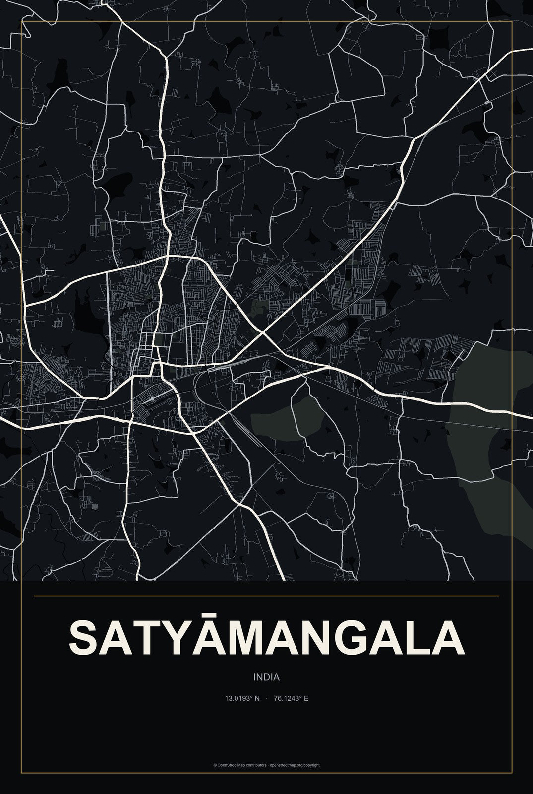 Satyāmangala, India City Map Aluminum Sign in Metropolitan Noir style