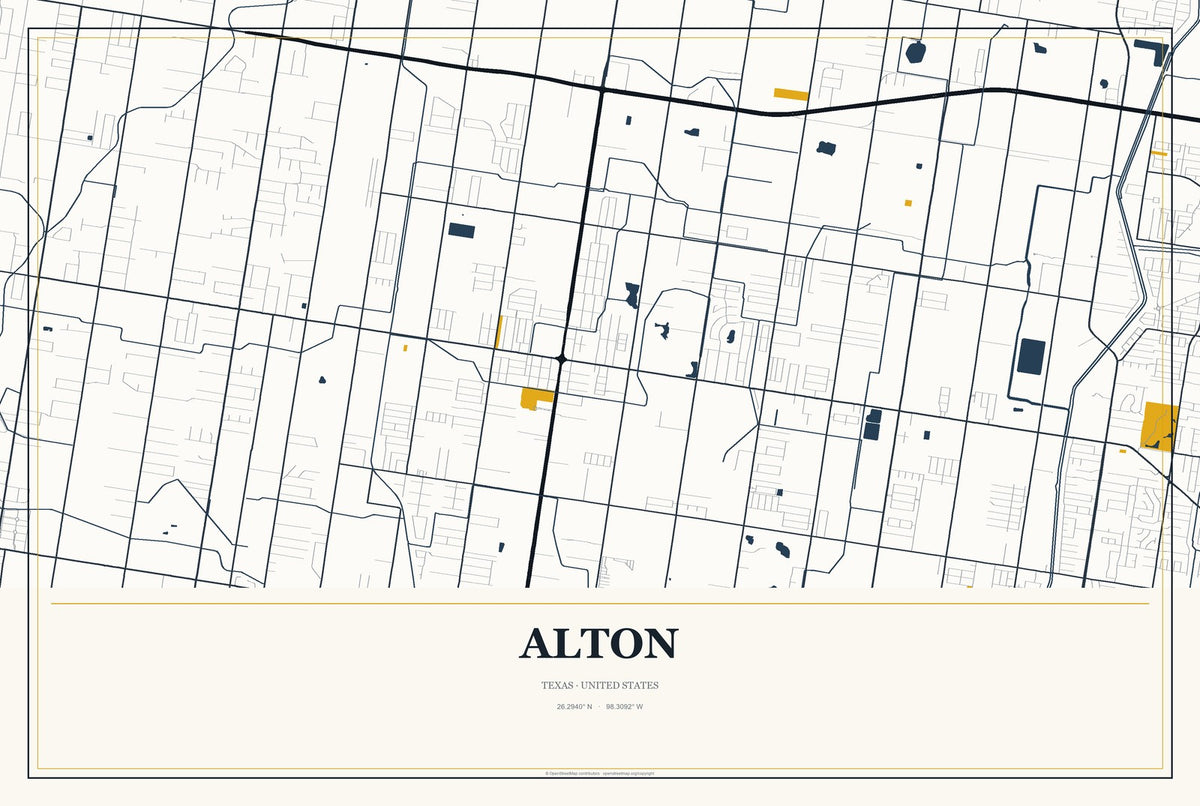 Alton, Texas City Map Aluminum Sign in Citrine Modern style