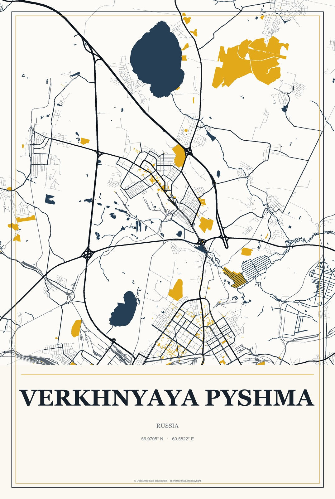 Verkhnyaya Pyshma, Russia City Map Aluminum Sign in Citrine Modern style