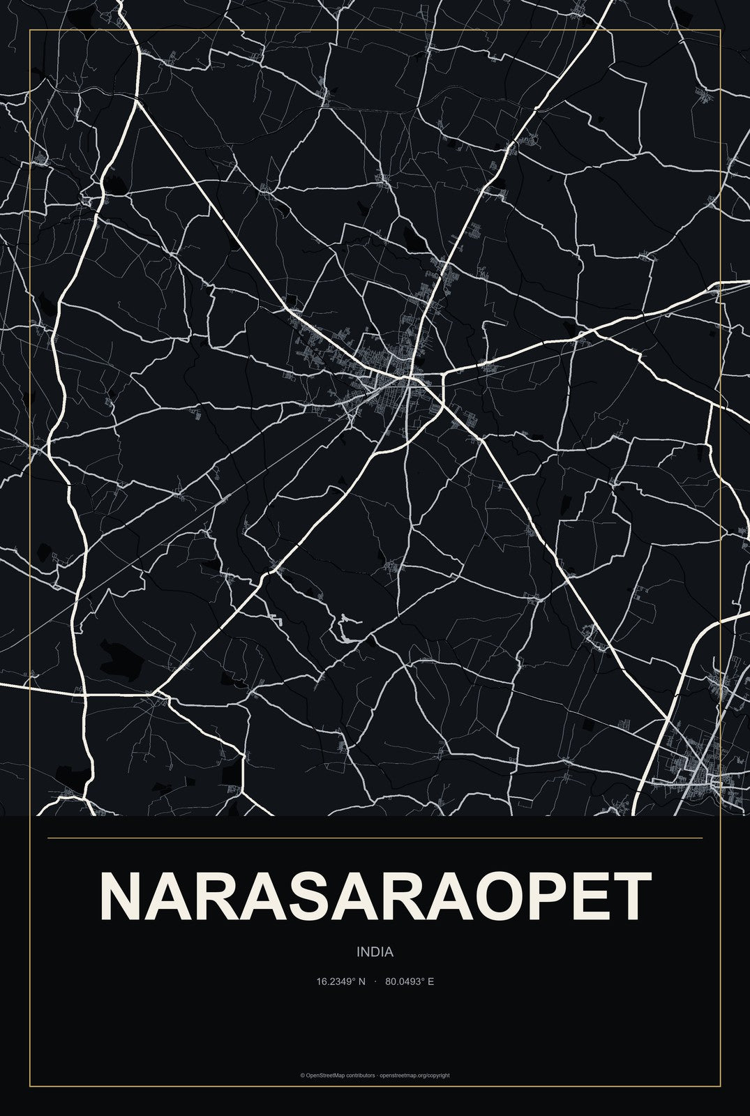 Narasaraopet, India City Map Aluminum Sign in Metropolitan Noir style
