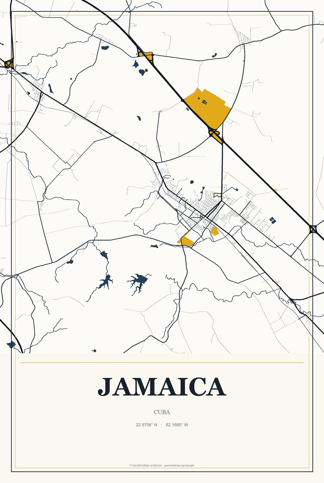 Jamaica, Cuba City Map Aluminum Sign in Citrine Modern style