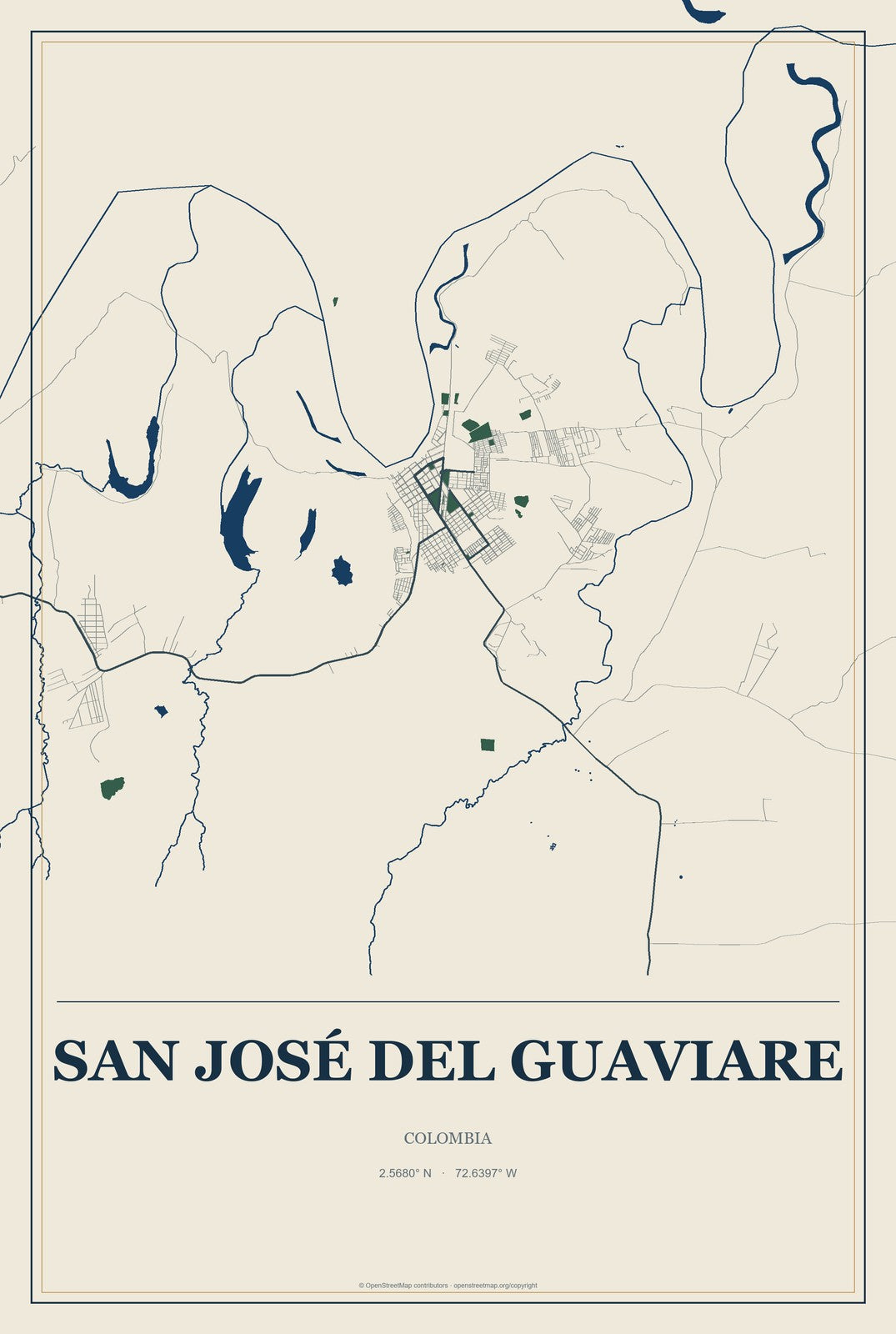 San José del Guaviare, Colombia City Map Aluminum Sign in Coastal Cutout style