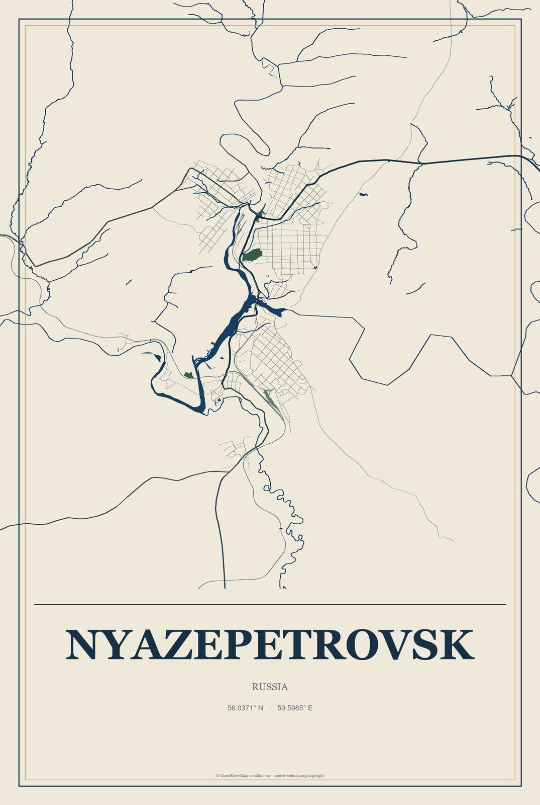 Nyazepetrovsk, Russia City Map Aluminum Sign in Coastal Cutout style