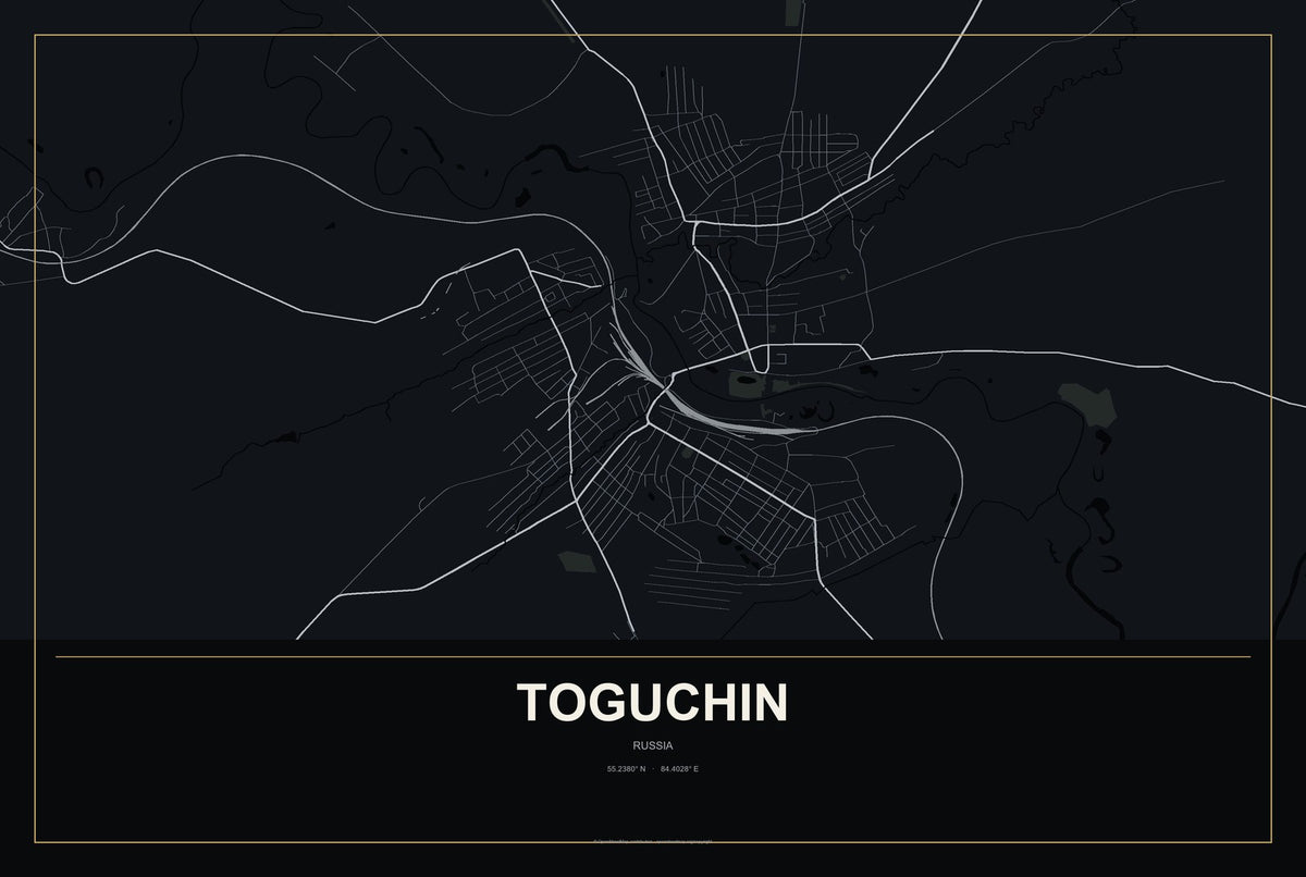 Toguchin, Russia City Map Aluminum Sign in Metropolitan Noir style