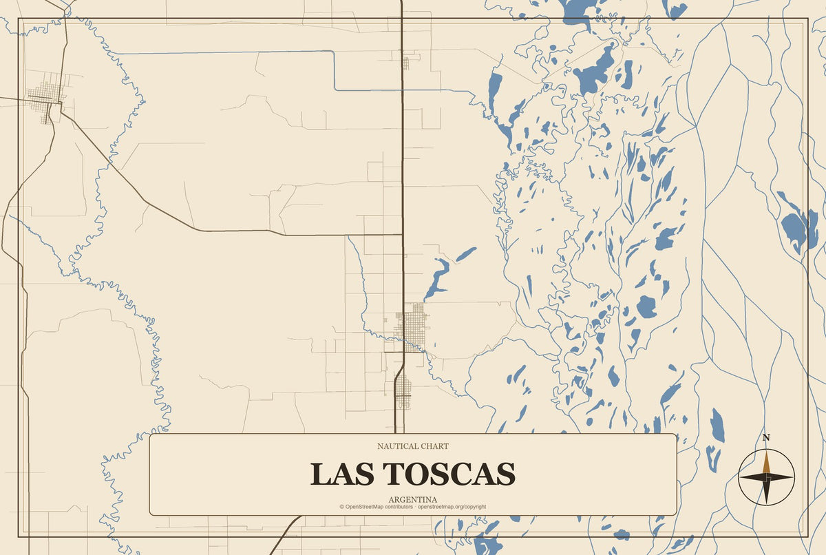 Las Toscas, Argentina City Map Aluminum Sign in Heritage Nautical style