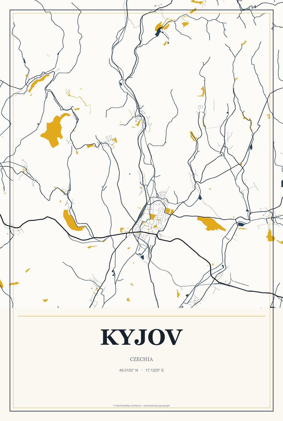 Kyjov, Czechia City Map Aluminum Sign in Citrine Modern style