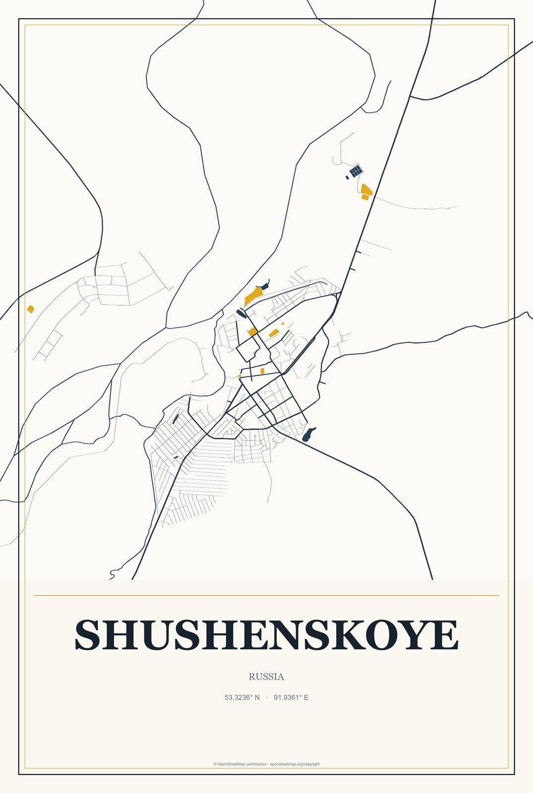 Shushenskoye, Russia City Map Aluminum Sign in Citrine Modern style