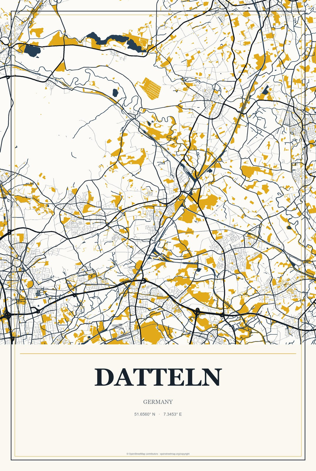 Datteln, Germany City Map Aluminum Sign in Citrine Modern style