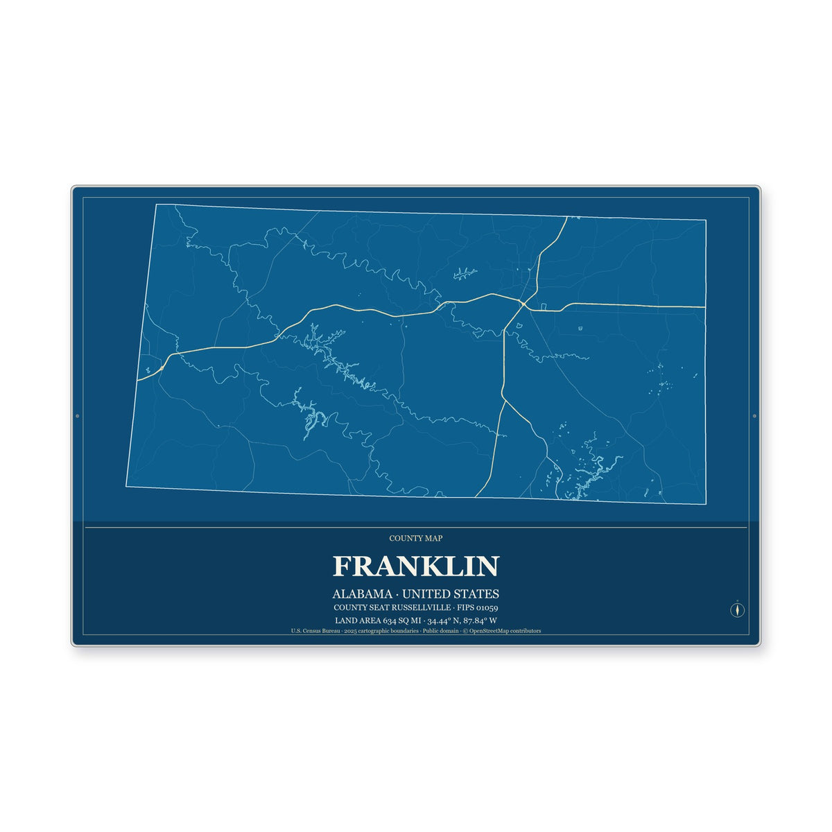 Franklin County, Alabama Map Aluminum Sign in Harbor Cobalt style