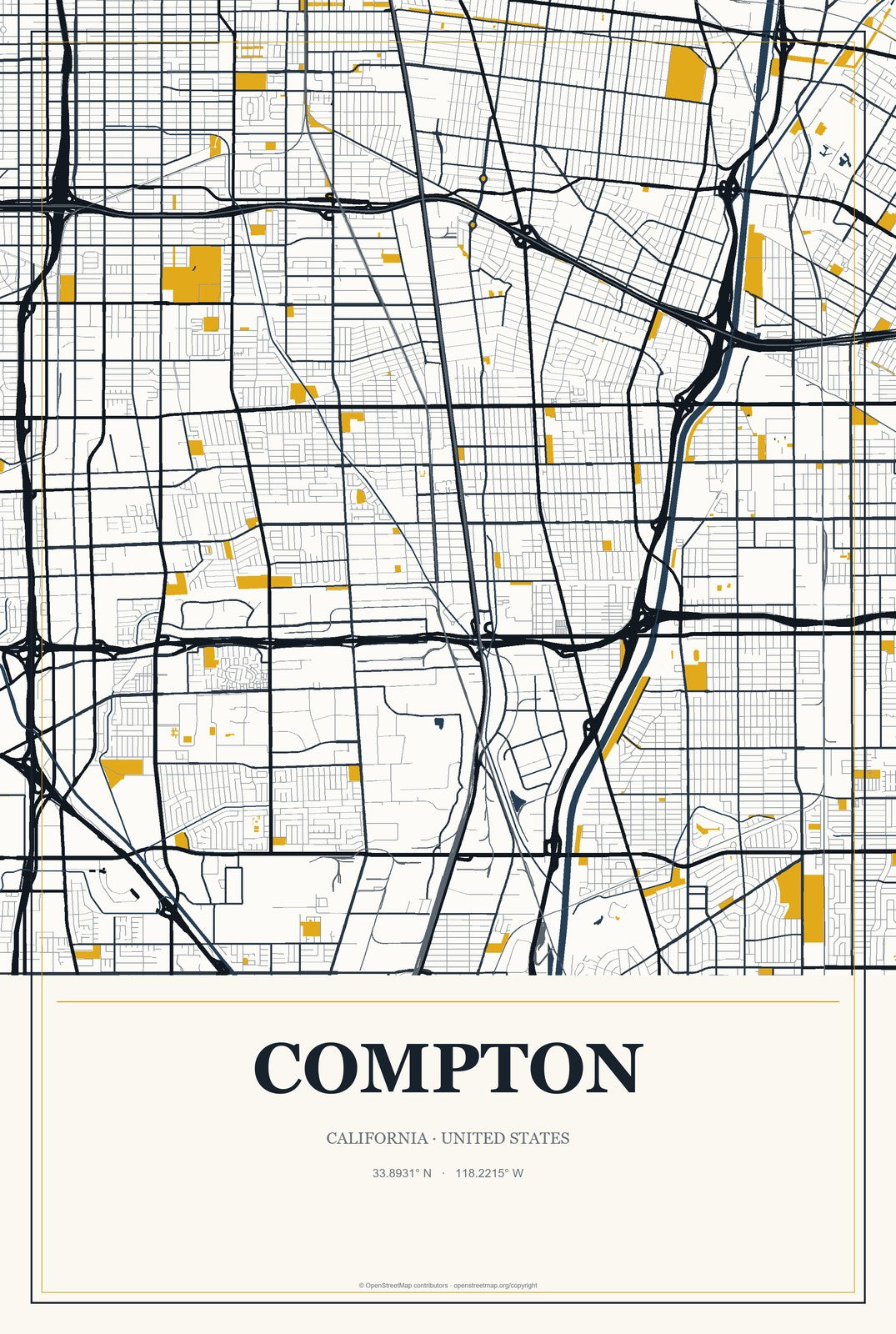 Compton, California City Map Aluminum Sign in Citrine Modern style