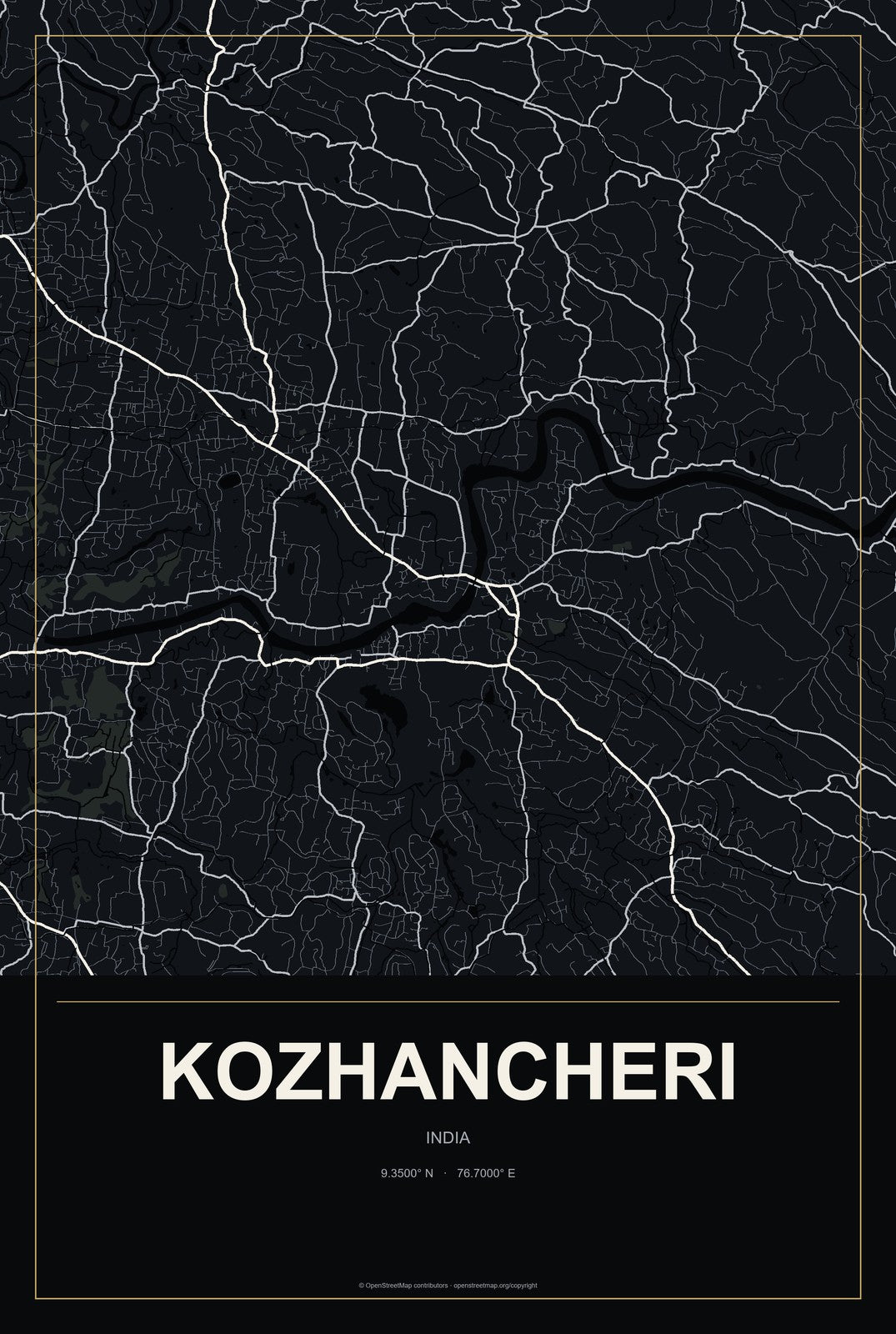 Kozhancheri, India City Map Aluminum Sign in Metropolitan Noir style