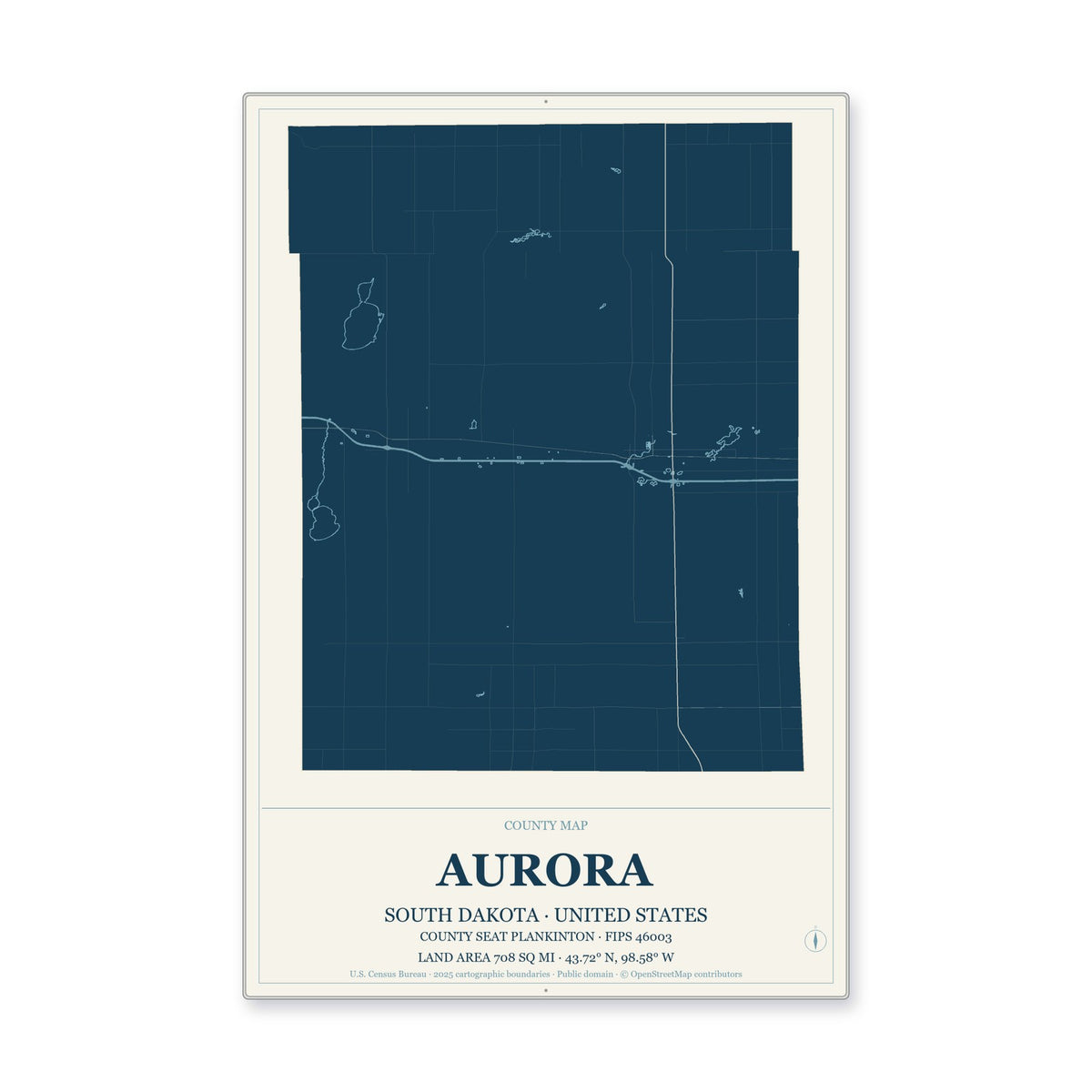 Aurora County, South Dakota Map Aluminum Sign in Coastal Cutout style