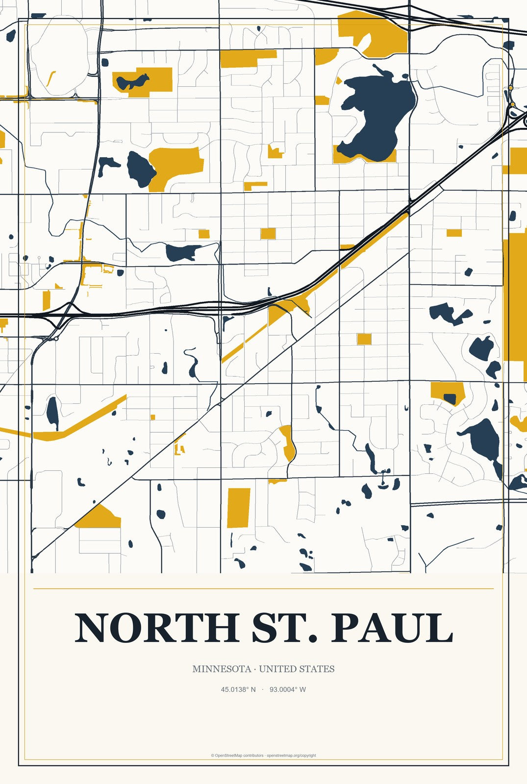 North St. Paul, Minnesota City Map Aluminum Sign in Citrine Modern style