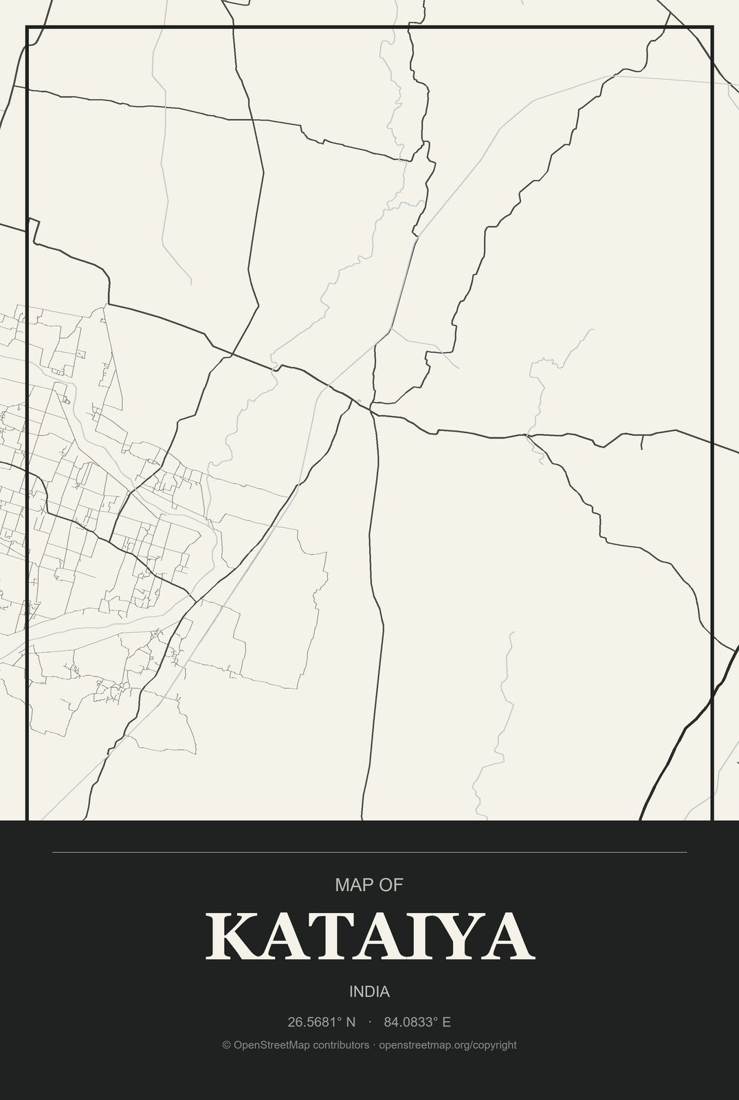 Kataiya, India City Map Aluminum Sign in Museum Plaque style