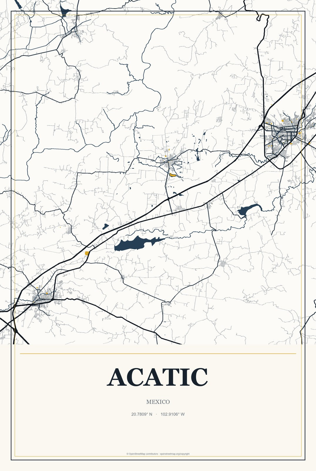 Acatic, Mexico City Map Aluminum Sign in Citrine Modern style