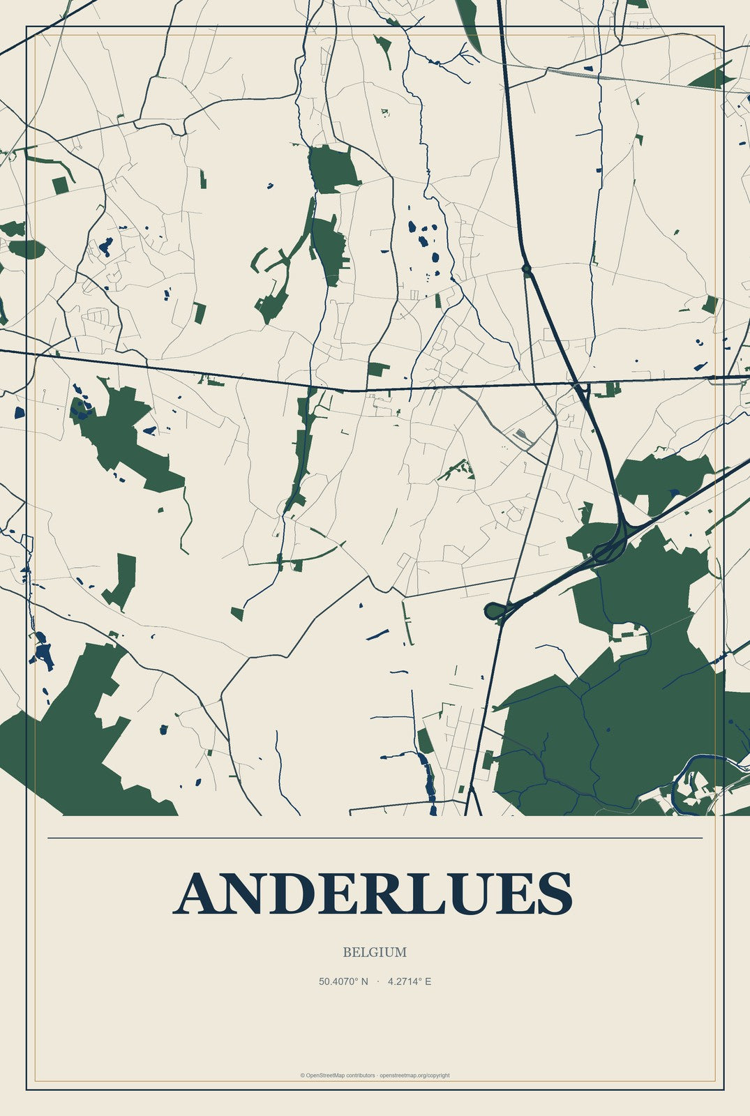 Anderlues, Belgium City Map Aluminum Sign in Coastal Cutout style