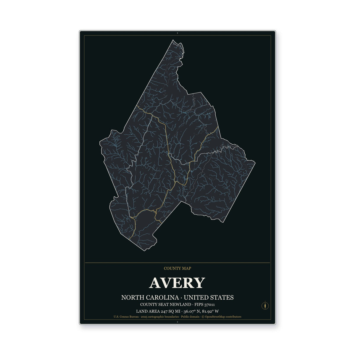 Avery County, North Carolina Map Aluminum Sign in Metropolitan Noir style