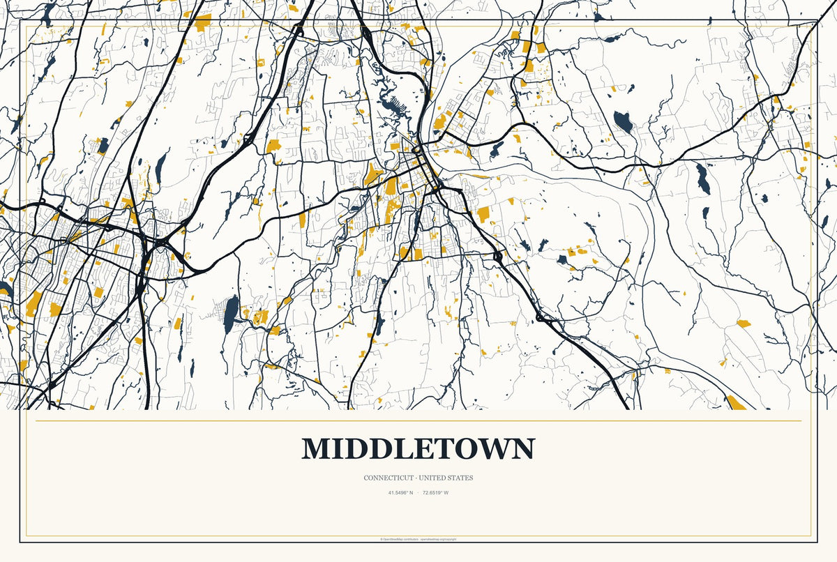 Middletown, Connecticut City Map Aluminum Sign in Citrine Modern style