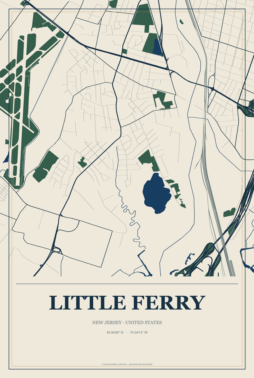 Little Ferry, New Jersey City Map Aluminum Sign in Coastal Cutout style