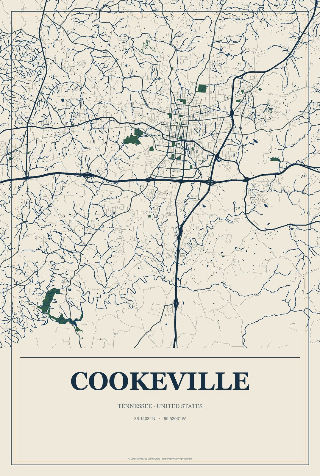 Cookeville, Tennessee City Map Aluminum Sign in Coastal Cutout style