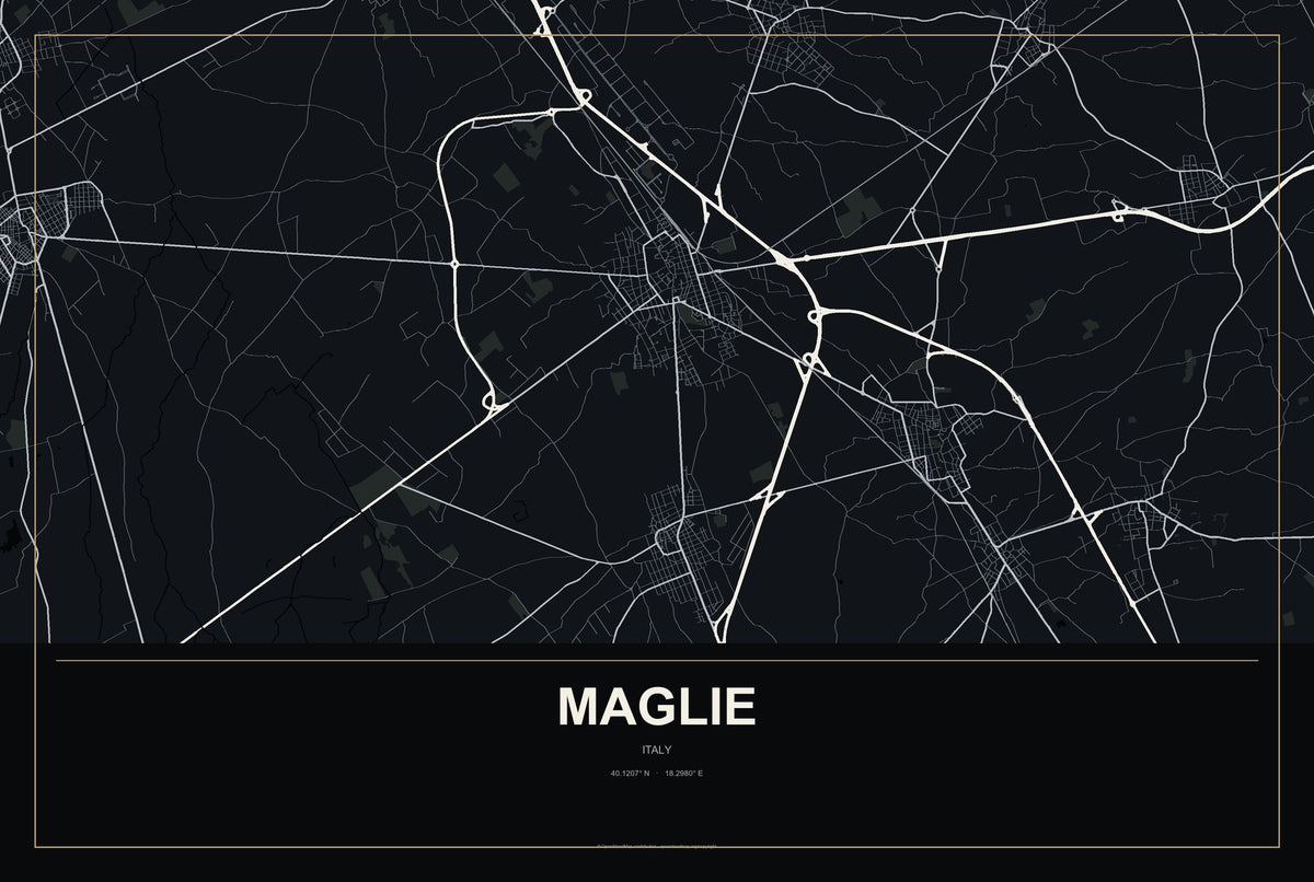 Maglie, Italy City Map Aluminum Sign in Metropolitan Noir style