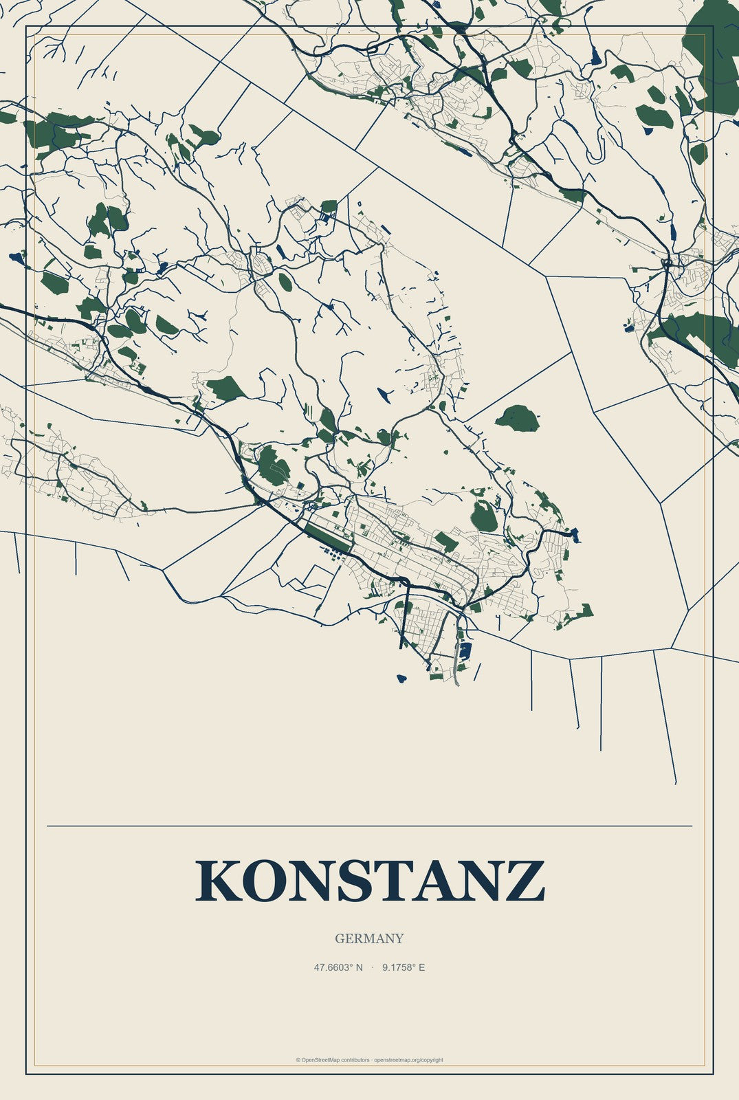 Konstanz, Germany City Map Aluminum Sign in Coastal Cutout style